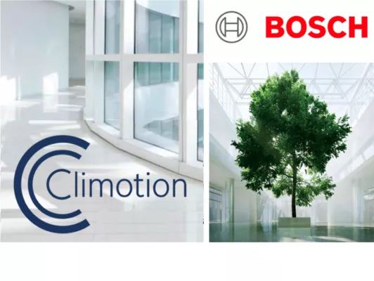 The Climotion logo together with the Bosch logo against the background image of a modern building with lots of glass and a large tree in the middle.