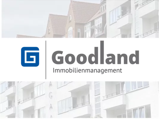 The logo of “Goodland Immobilienmanagement” against the transparent background of a row of apartments