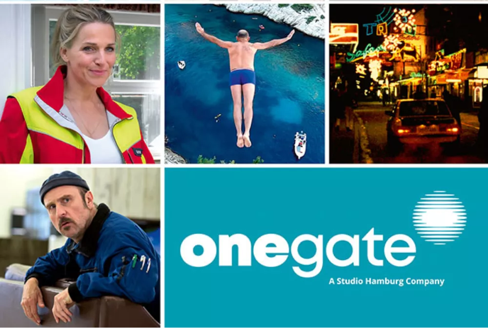 A collection of various movie and series clips with the onegate logo in white on a turquoise background. 