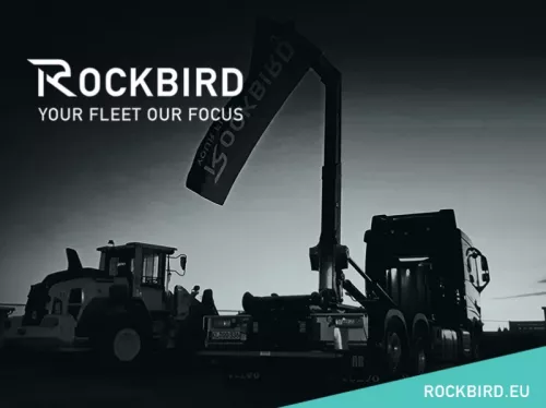 An advertising image from Rockbird shows some large vehicles in black and white. 