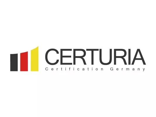 The Certuria logo: three bars increasing in size in black, red and yellow. Next to it, Certuria in capital letters with the subtitle “Certification Germany”.
