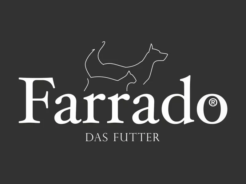 The Farrado logo displays 'Farrado' in white lettering on a gray background. Above the two 'r' letters is a stylized image of a cat, and above that, an image of a dog. The subtitle reads 'THE FOOD' (originally in German 