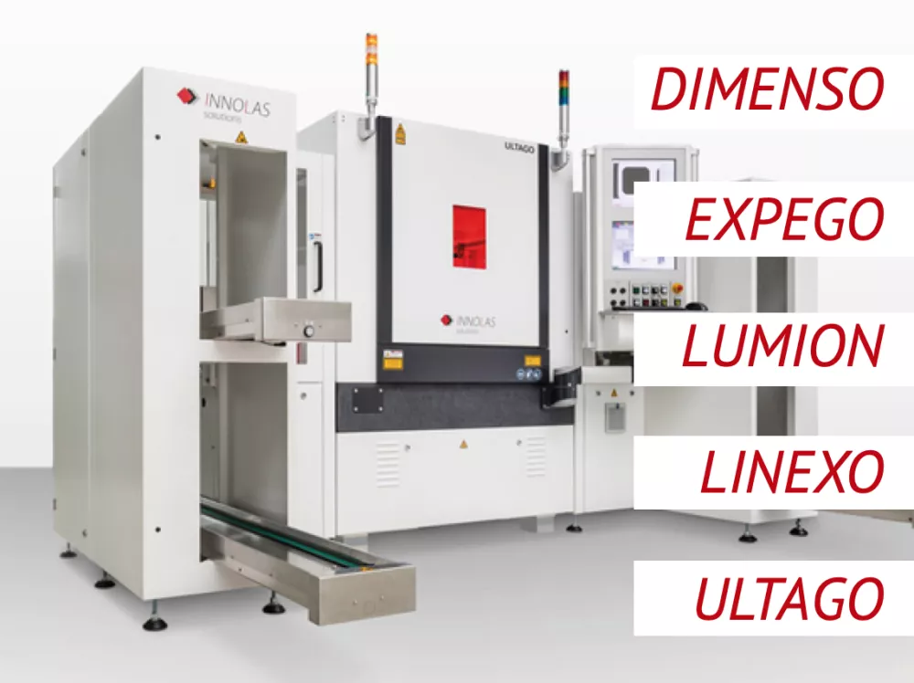 A picture of the Innolas laser system with the names of Namestorm: DIMENSO, EXPEGO, LUMION, LINEXO and ULTAGO. 