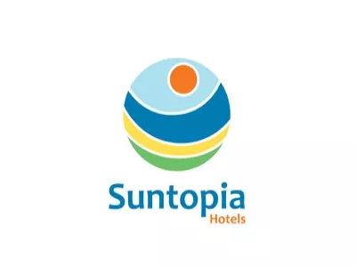 Logo of Suntopia Hotels: a colorful ball and the lettering. 