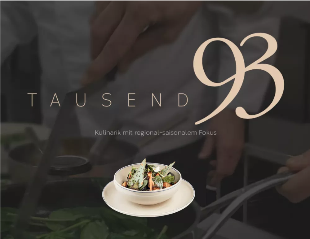 A transparent picture of a kitchen, above it clearly a special dish and the name TAUSEND93 “Cuisine with a regional-seasonal focus” (originally written in German). 