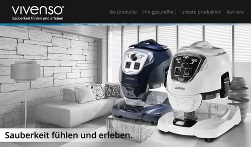 An advertising image from vivenso: a living room in black and white with a blue and a white vivenso water vacuum cleaner.