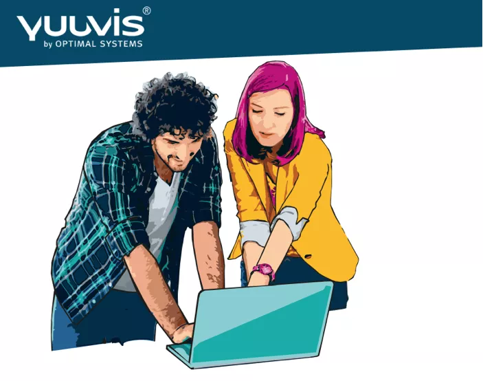 Cartoon-like depiction of two people at a laptop, with the yuuvis logo above them.