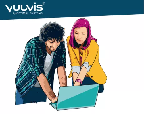 Cartoon-like depiction of two people at a laptop, with the yuuvis logo above them.